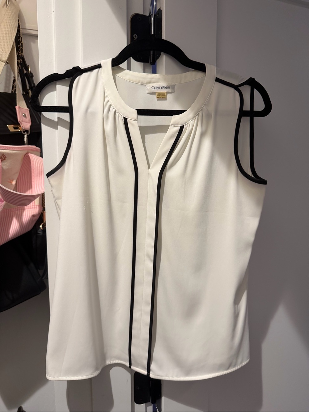 Calvin Klein Ivory Sleeveless Shell with Black Piping